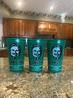 Set of 3 Flanigan’s Florida Reusable Green Plastic Cups Seafood Bar & Grill So